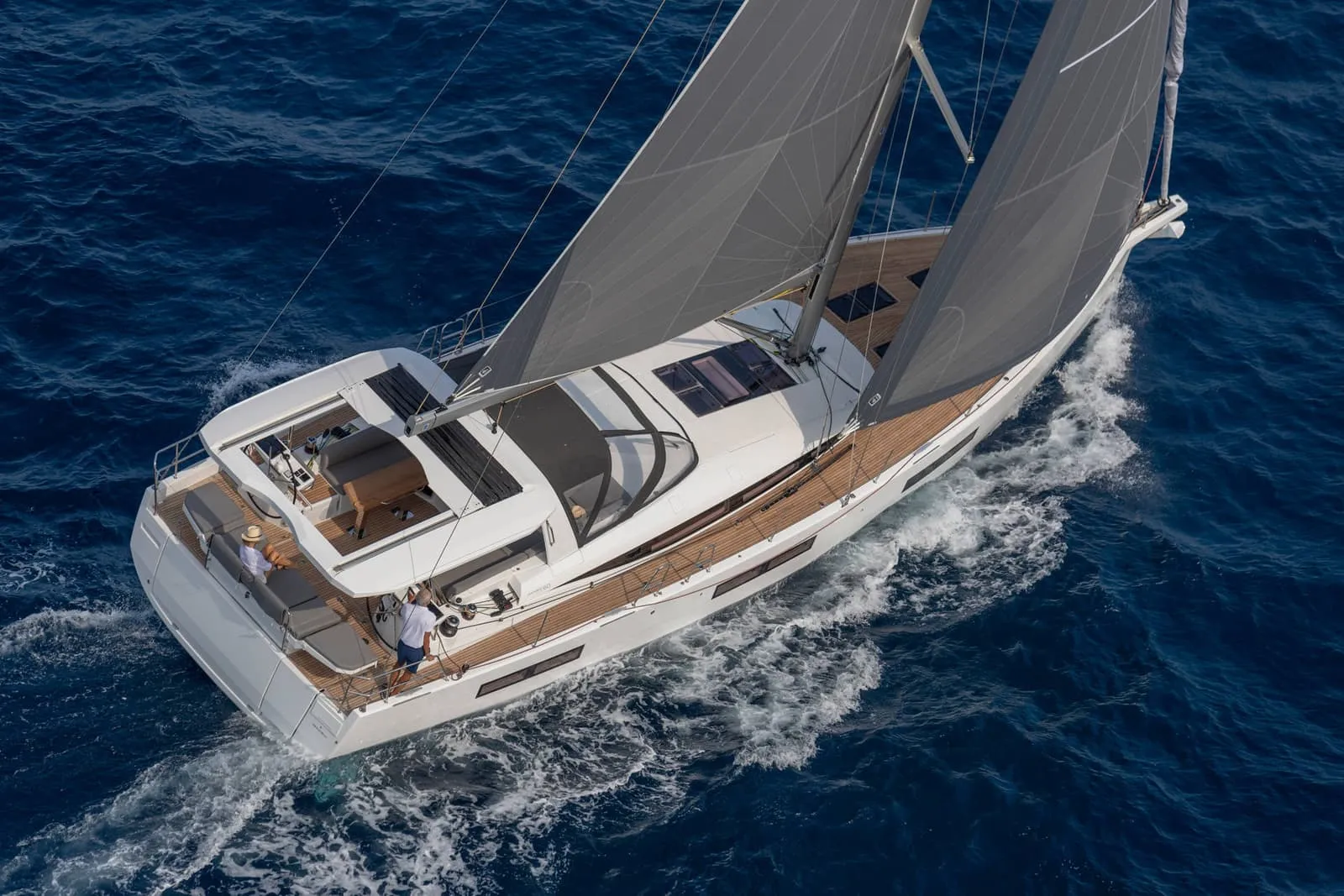 A sailing yacht under way, seen from above